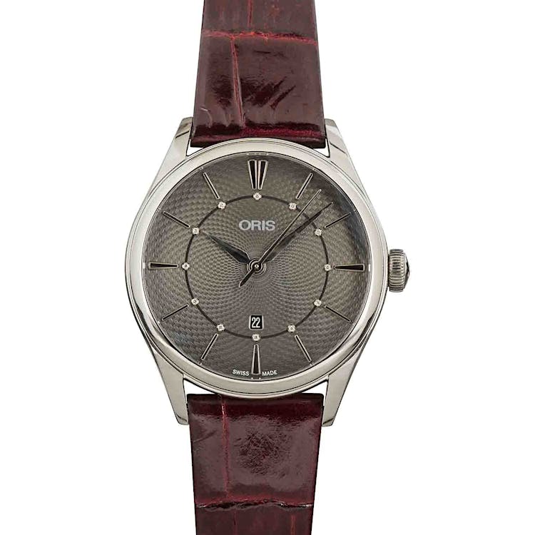 Ladies Oris Artelier Date Diamonds Bordeaux Leather Strap