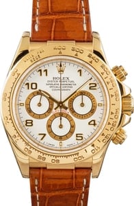 Rolex Daytona 40MM 18k Yellow Gold, Leather Band White Arabic Dial, Rolex Box (1998)